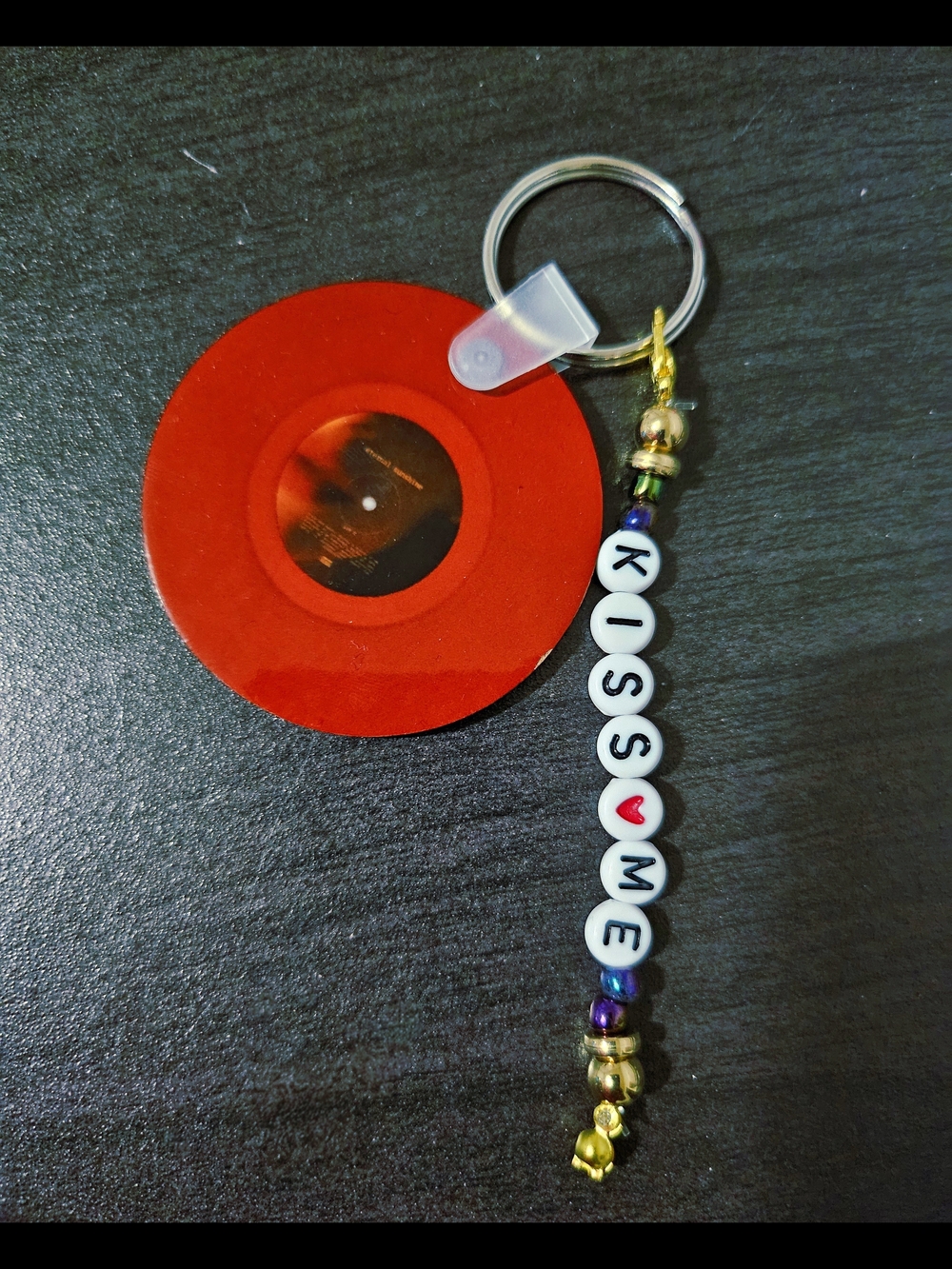Petal Vinyl Record Keychain with 'KISS ME' Bead Charm